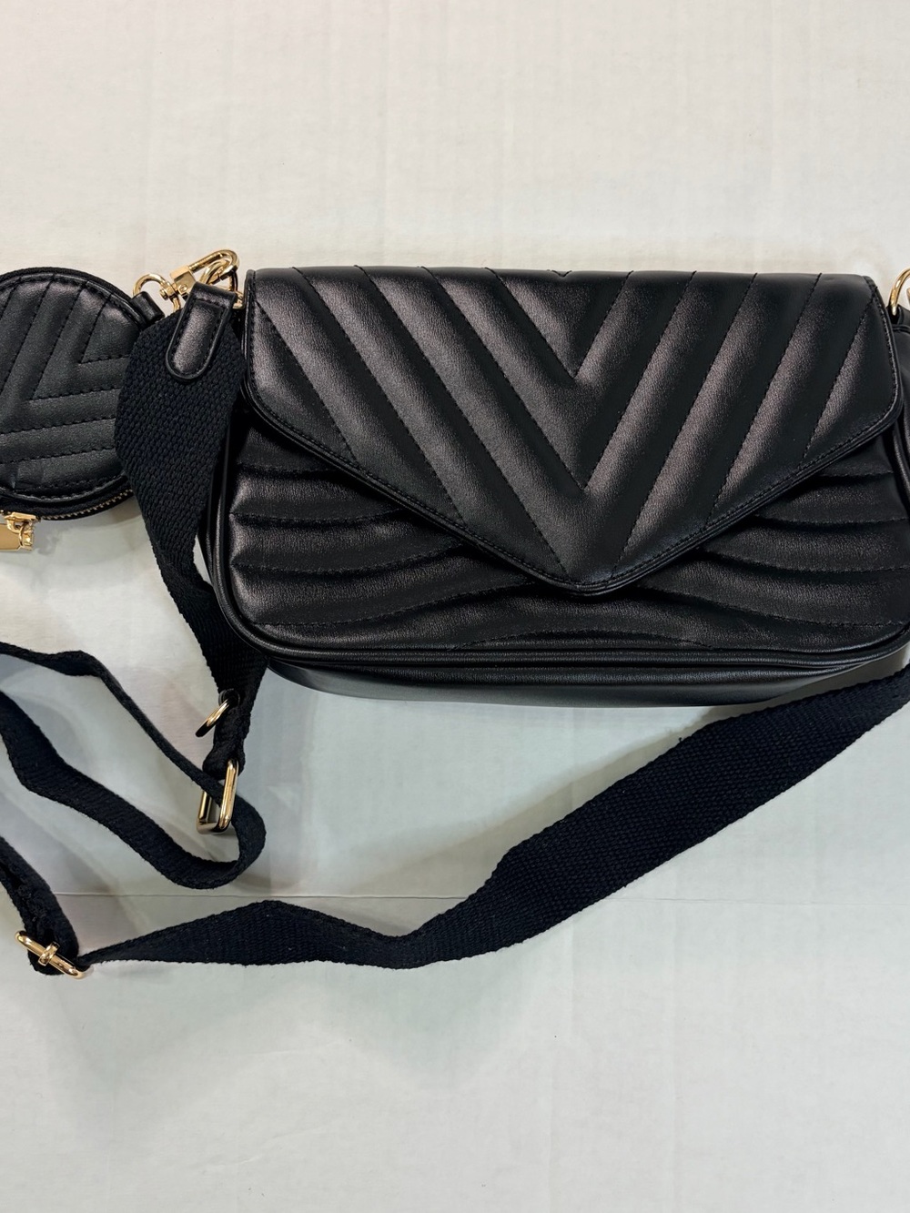 Black Quilted Chevron Crossbody Bag with Detachable Coin Pouch